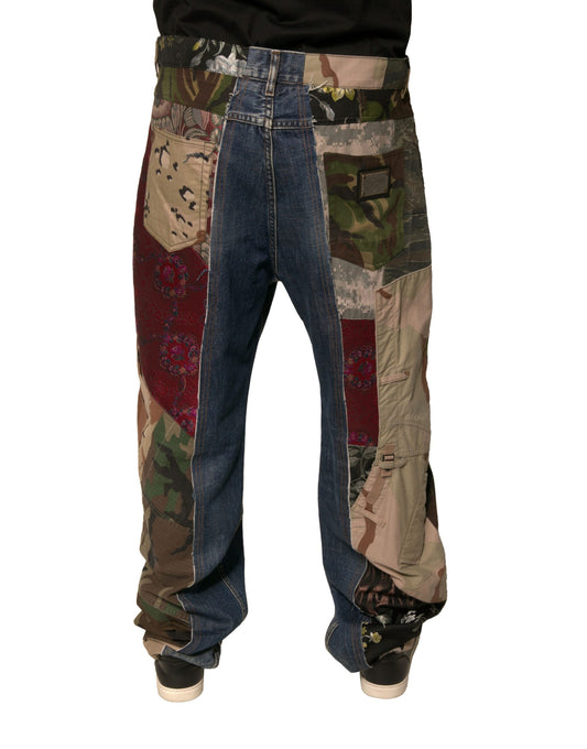 Camouflage patterned jeans with patches on legs