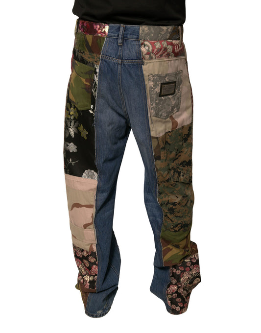 Pair of camouflage patterned jeans with patchwork design on legs
