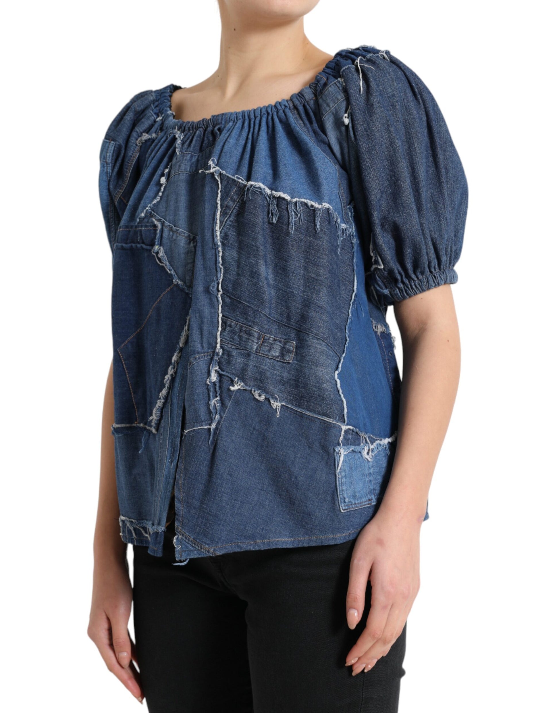 Blue denim top with ruffled sleeves