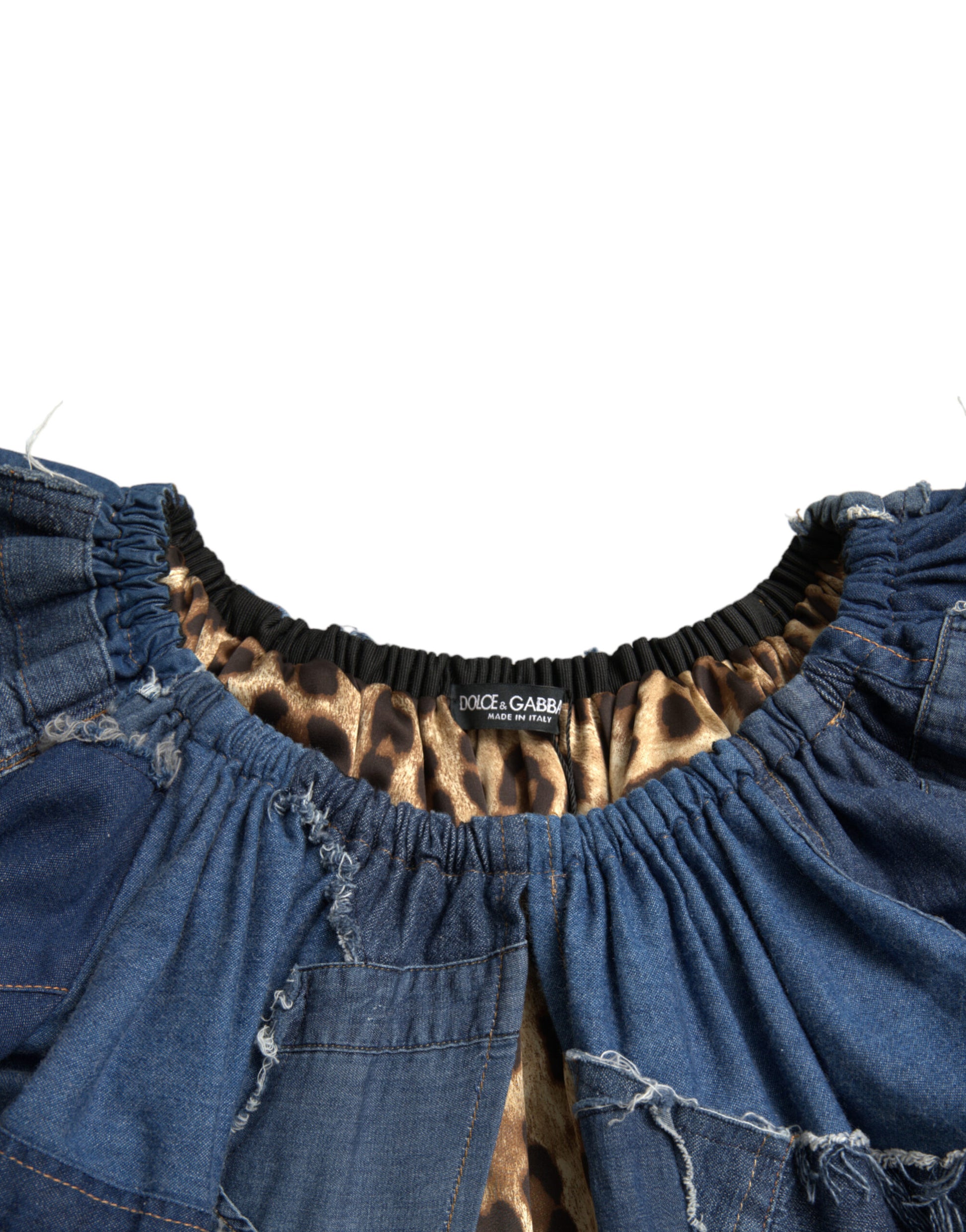 Denim shirt with leopard print ruffle collar