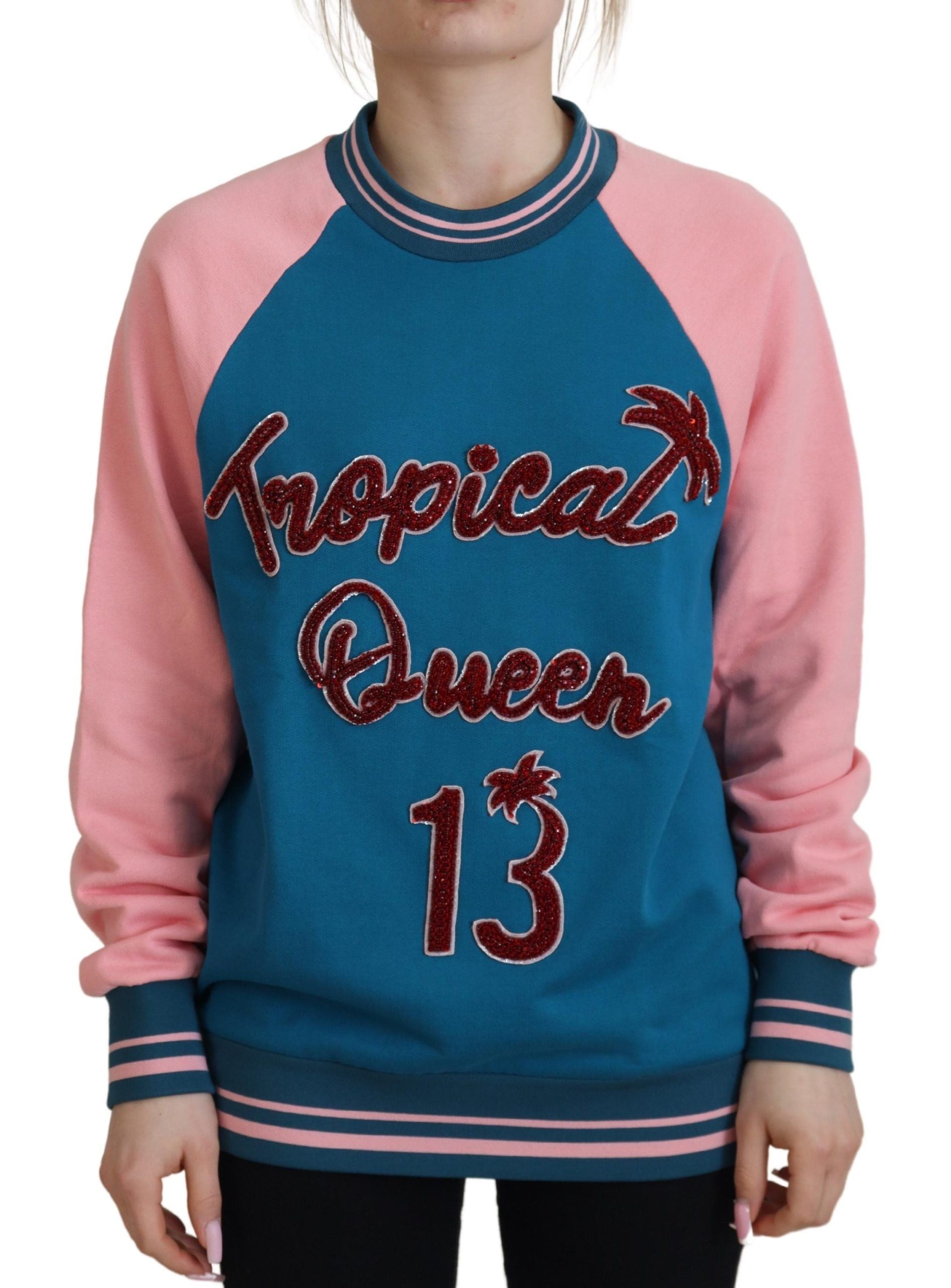 Pink and blue sweatshirt with tropical queen written on front
