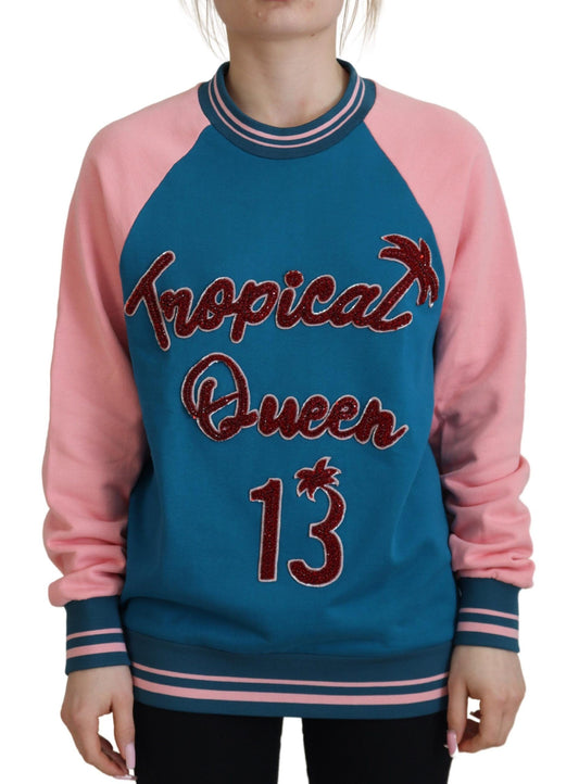 Pink and blue sweatshirt with tropical queen written on front