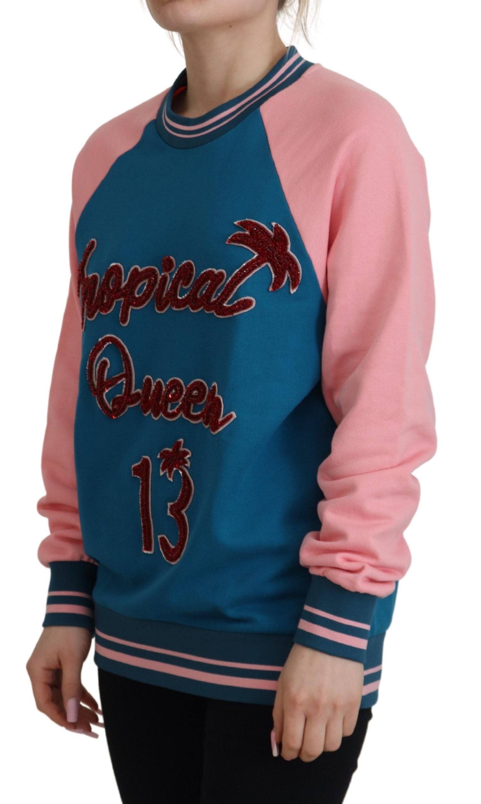 Pink and blue sweatshirt with palm tree design