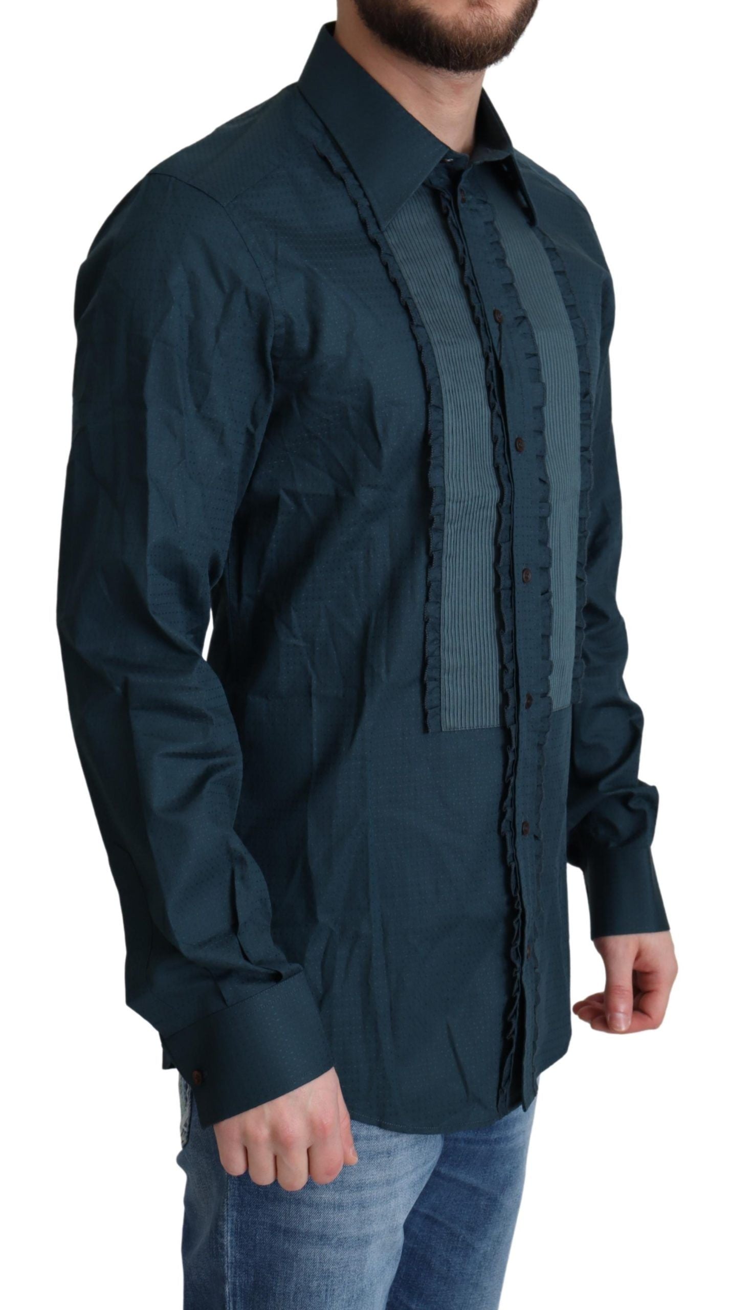A mannequin wearing a blue placket cotton dress shirt with a button-up front