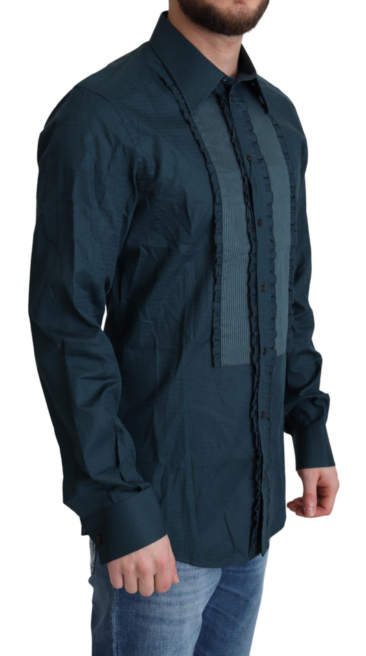 A mannequin wearing a blue placket cotton dress shirt with a button-up front