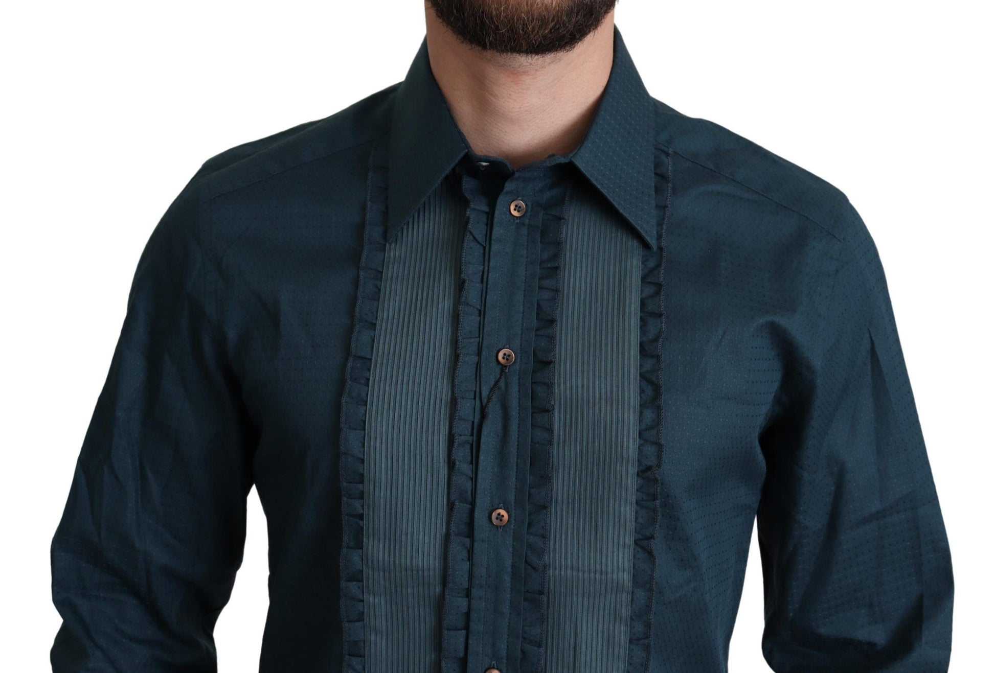 A blue dress shirt with plackets, designed by Dolce & Gabbana, made of cotton