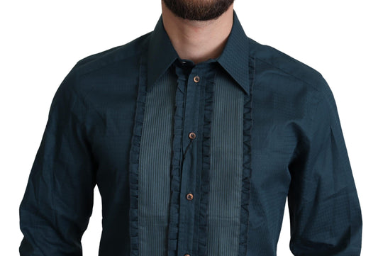 A blue dress shirt with plackets, designed by Dolce & Gabbana, made of cotton