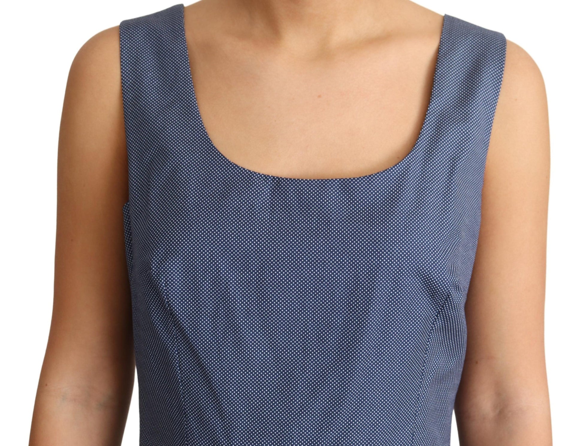 Blue polka dot dress with stretchy fabric, short sleeves and a-line silhouette