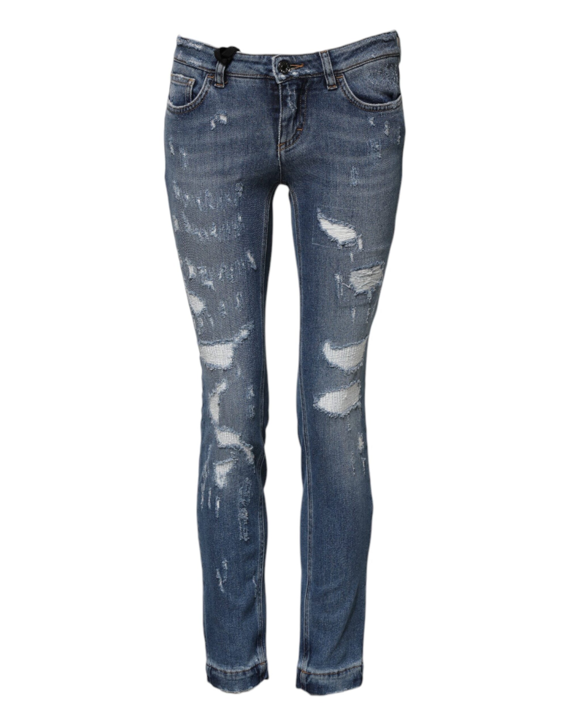 Pair of blue denim jeans with distressed details