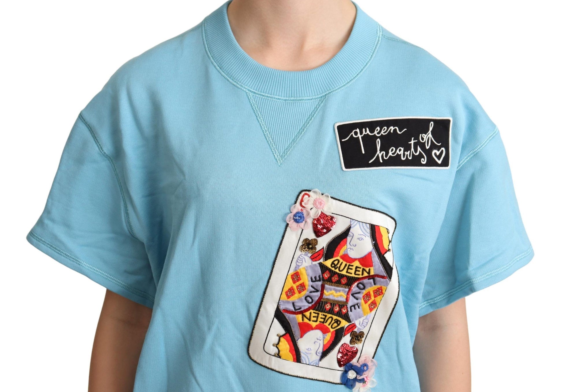 Blue t-shirt with graphic design on front