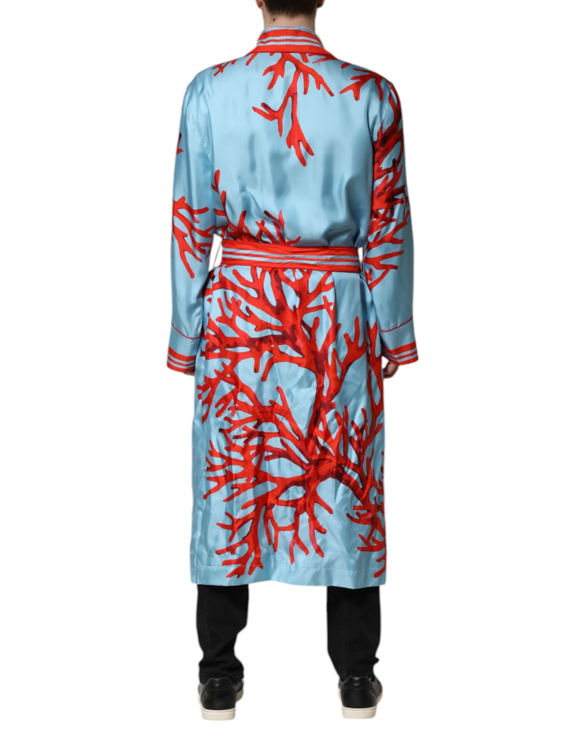 Blue robe with red coral design