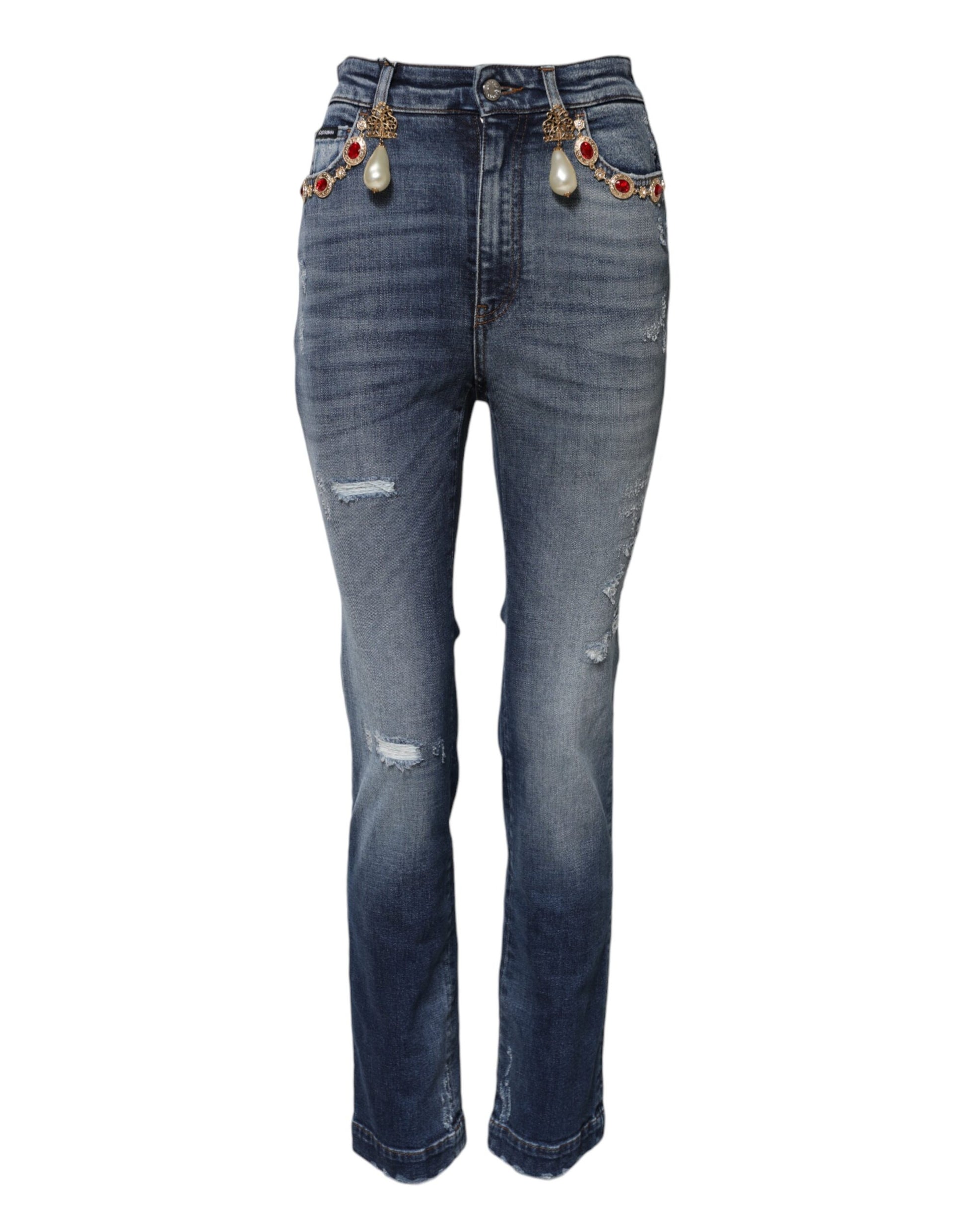 Pair of blue jeans with embellishments on waistband