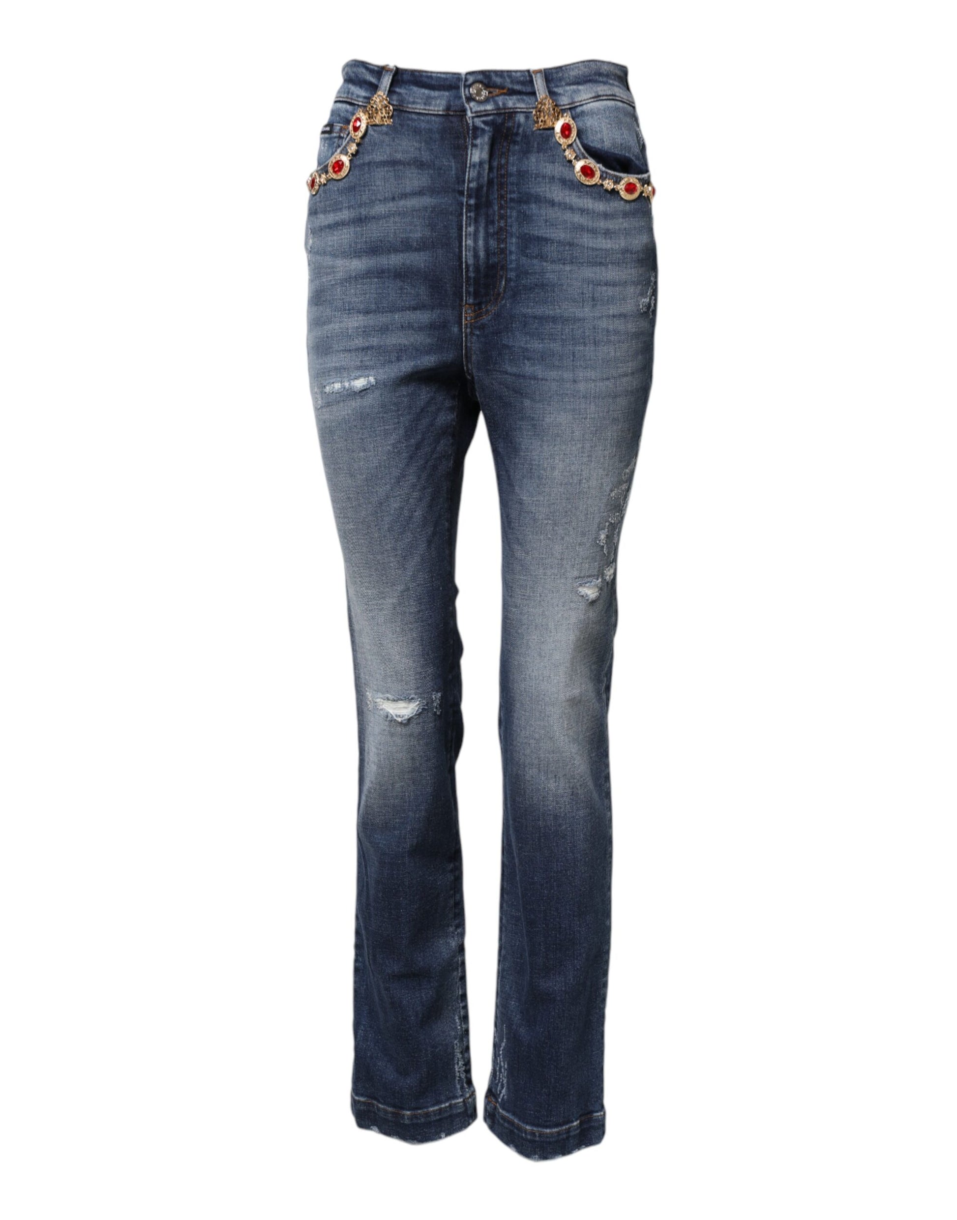 Pair of blue jeans with rhinestones on belt loops