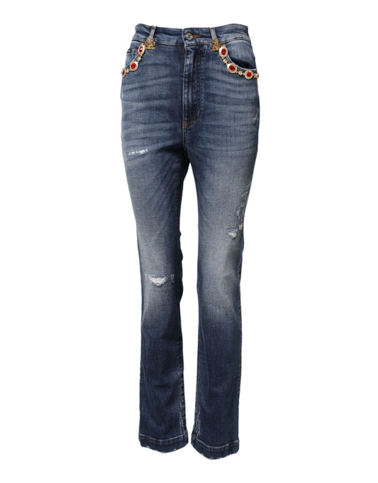 Blue denim jeans with rhinestone belt loops