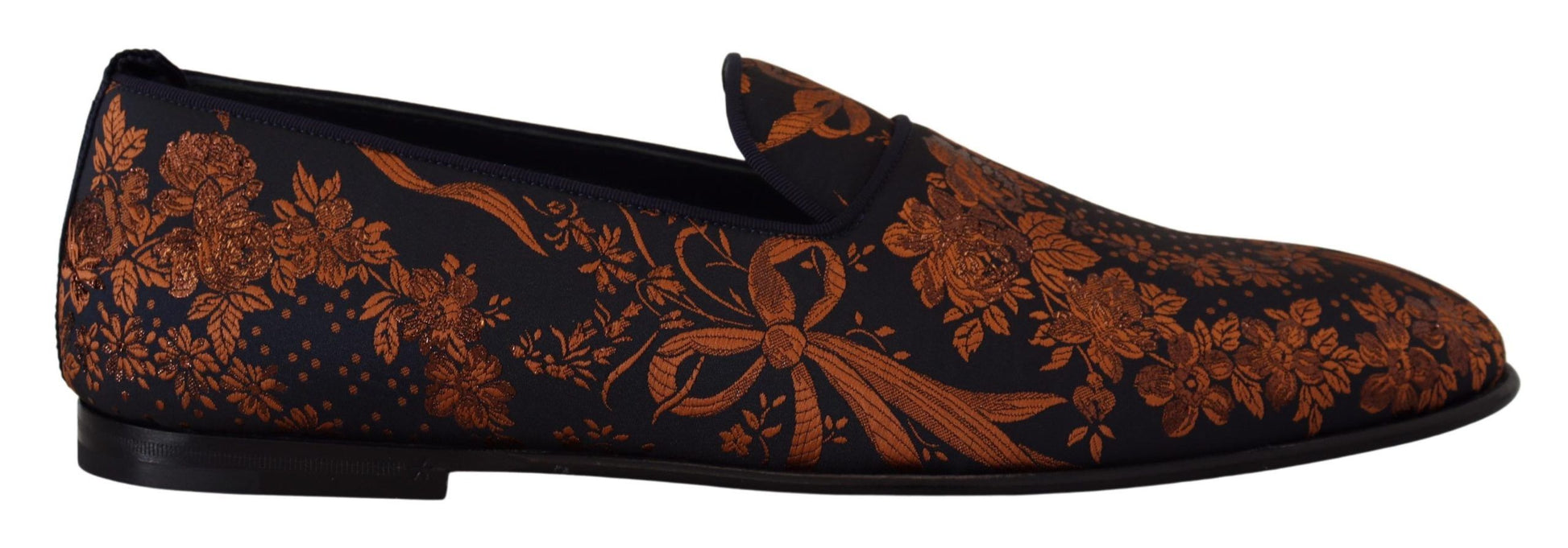 Pair of black loafers with red floral pattern on top