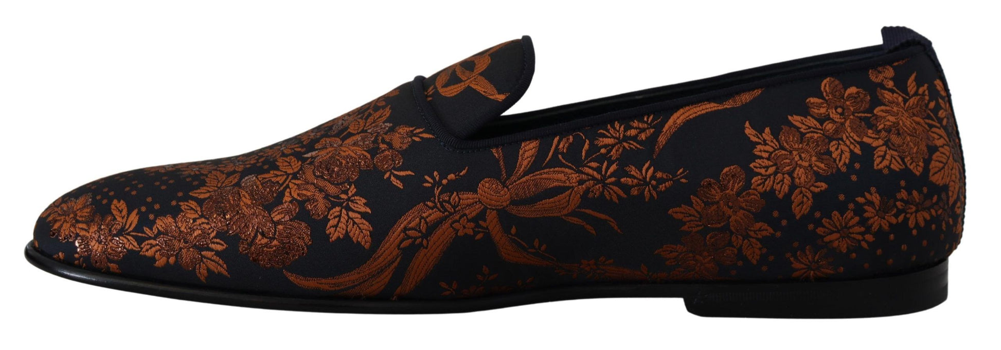 Pair of black shoes with red floral pattern on upper part