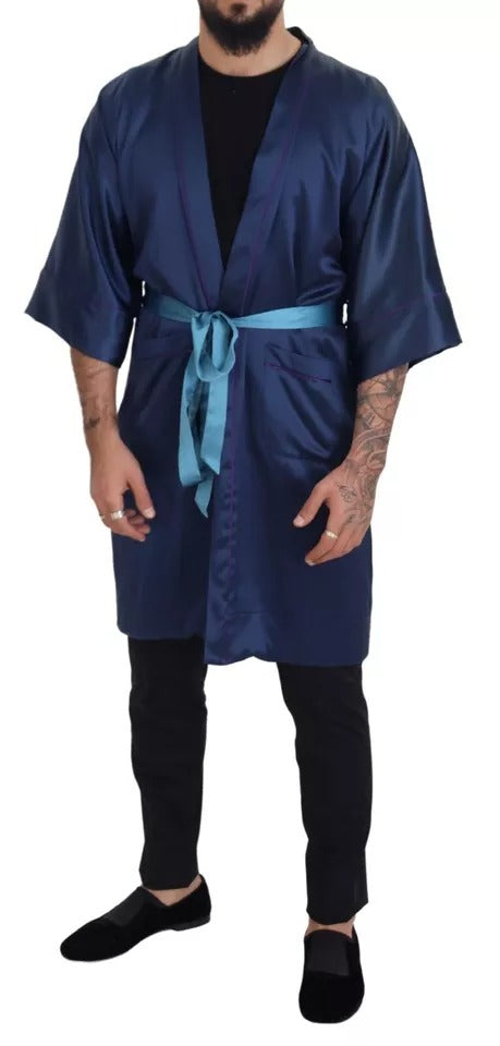 Man wearing blue robe with belt tied around waist