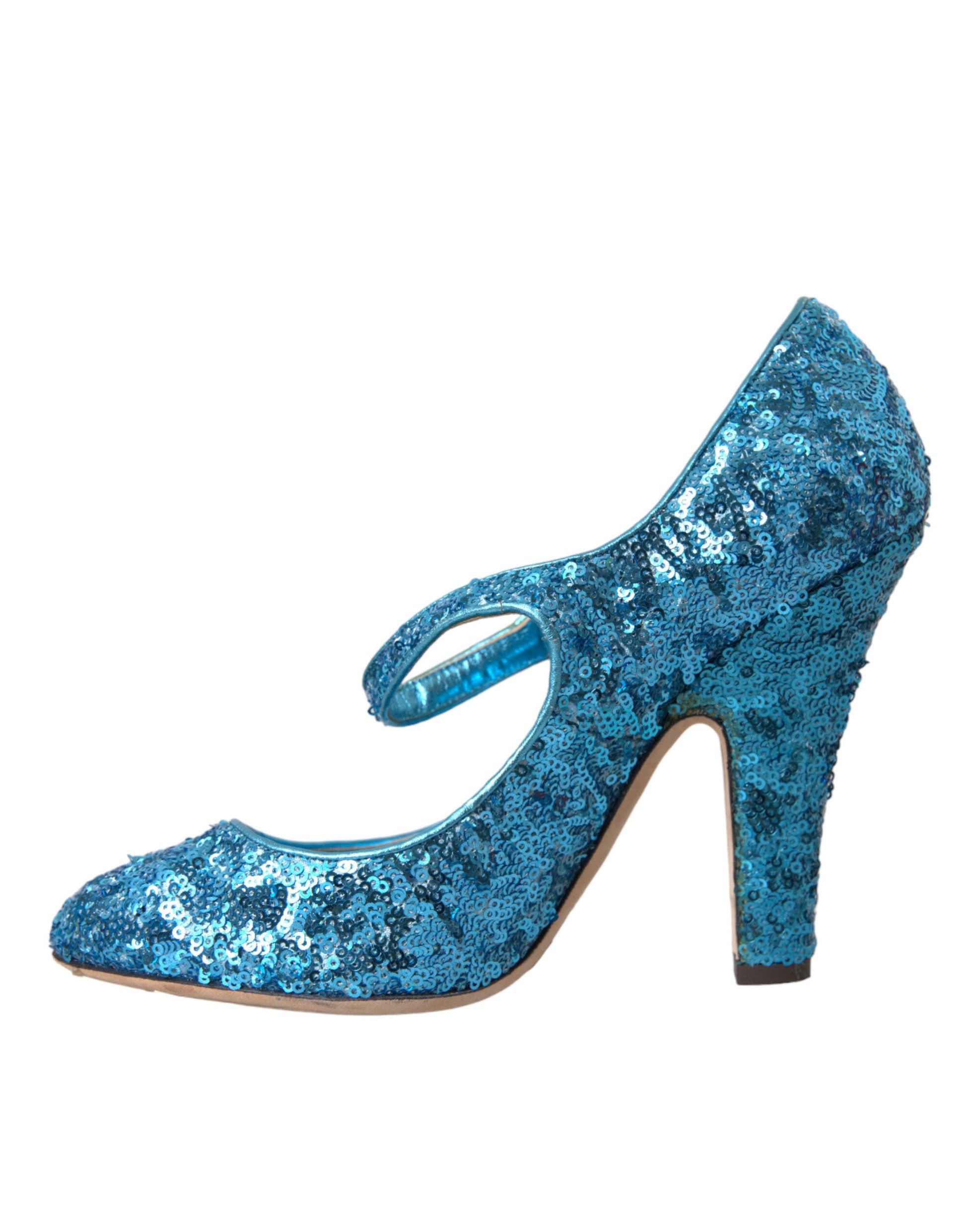 Blue glittery high heel shoe with a pointed toe and stiletto heel