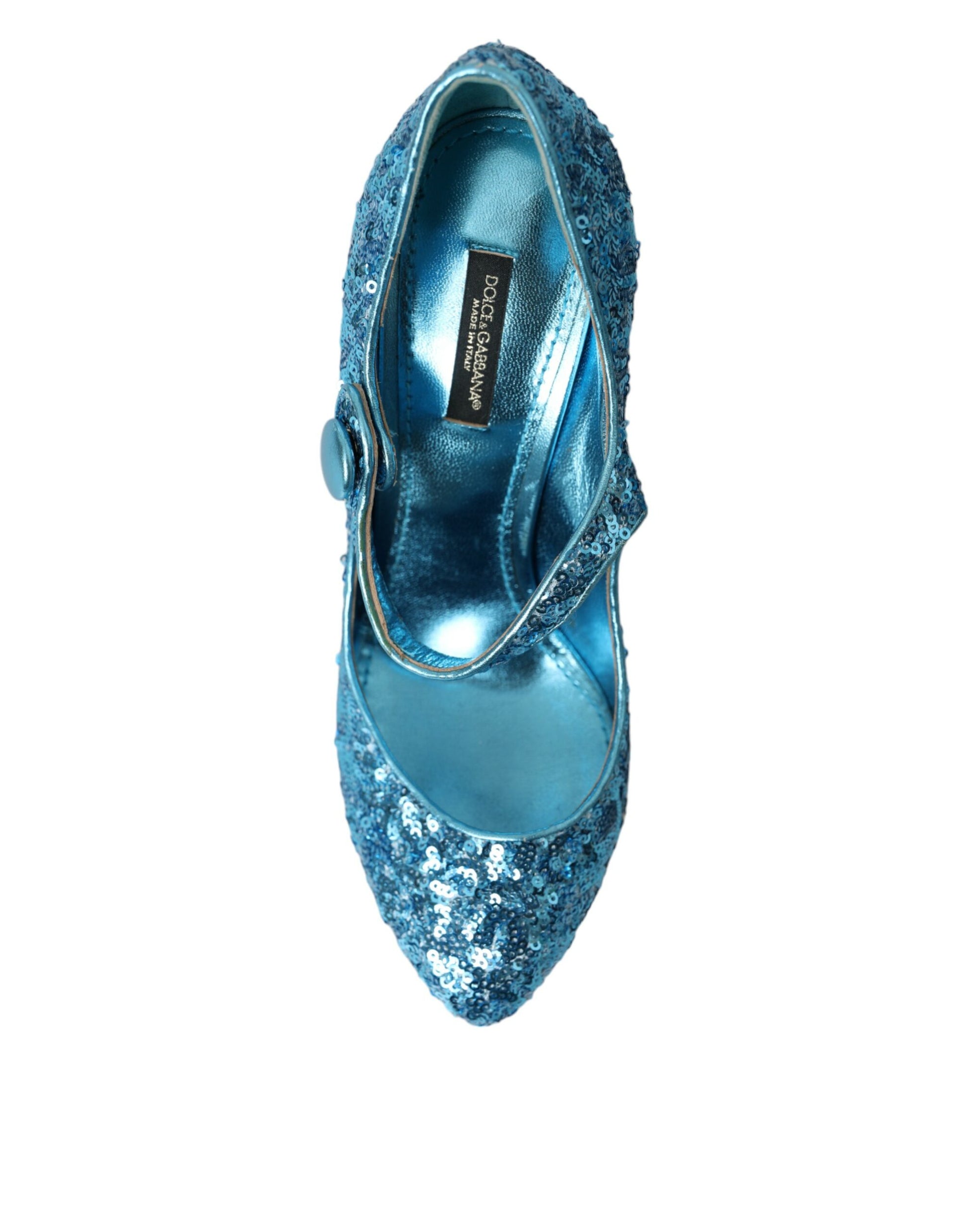 Blue glittery women's shoe with strap and bow detailing
