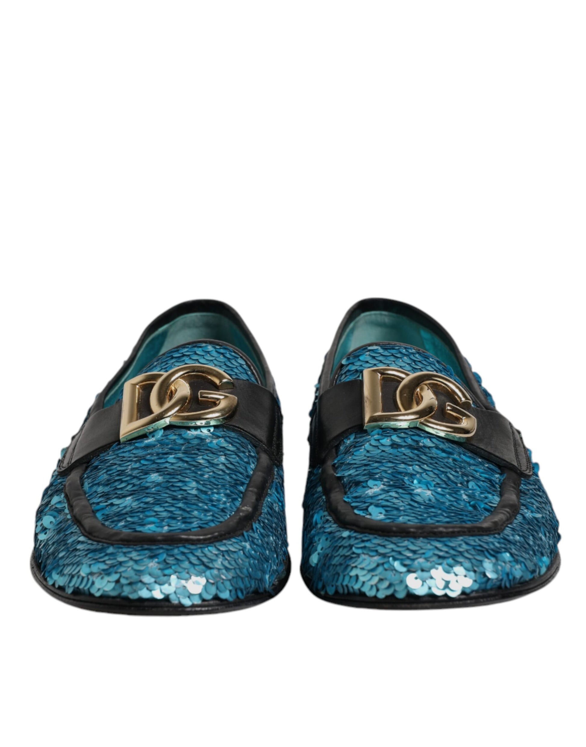 Pair of blue sequined loafers with gold buckle, formal dress shoes