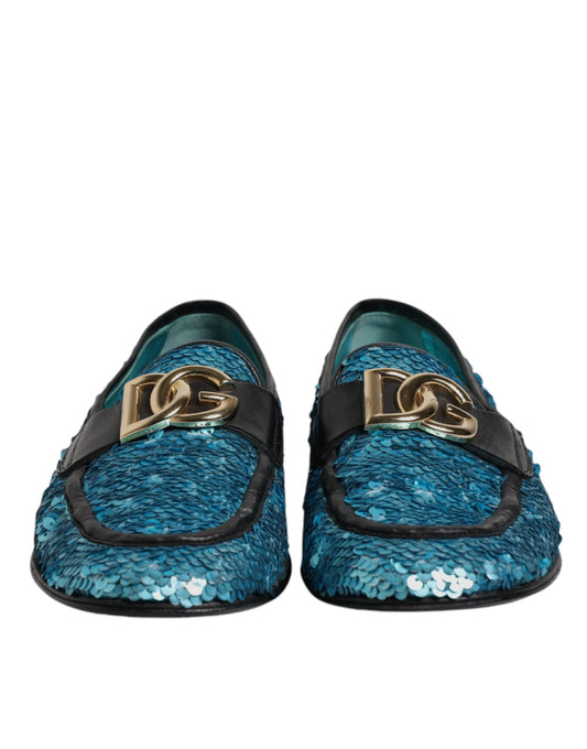 Pair of blue sequined loafers with gold buckle, formal dress shoes
