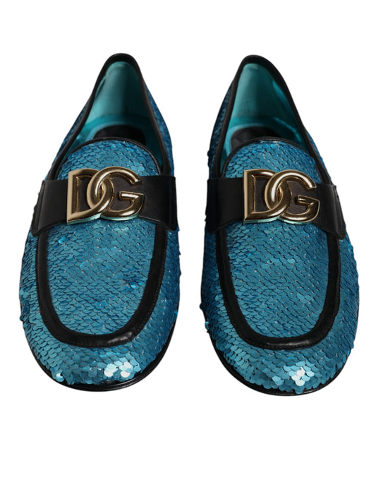 Pair of blue sequined loafers with gold buckle, formal dress shoes