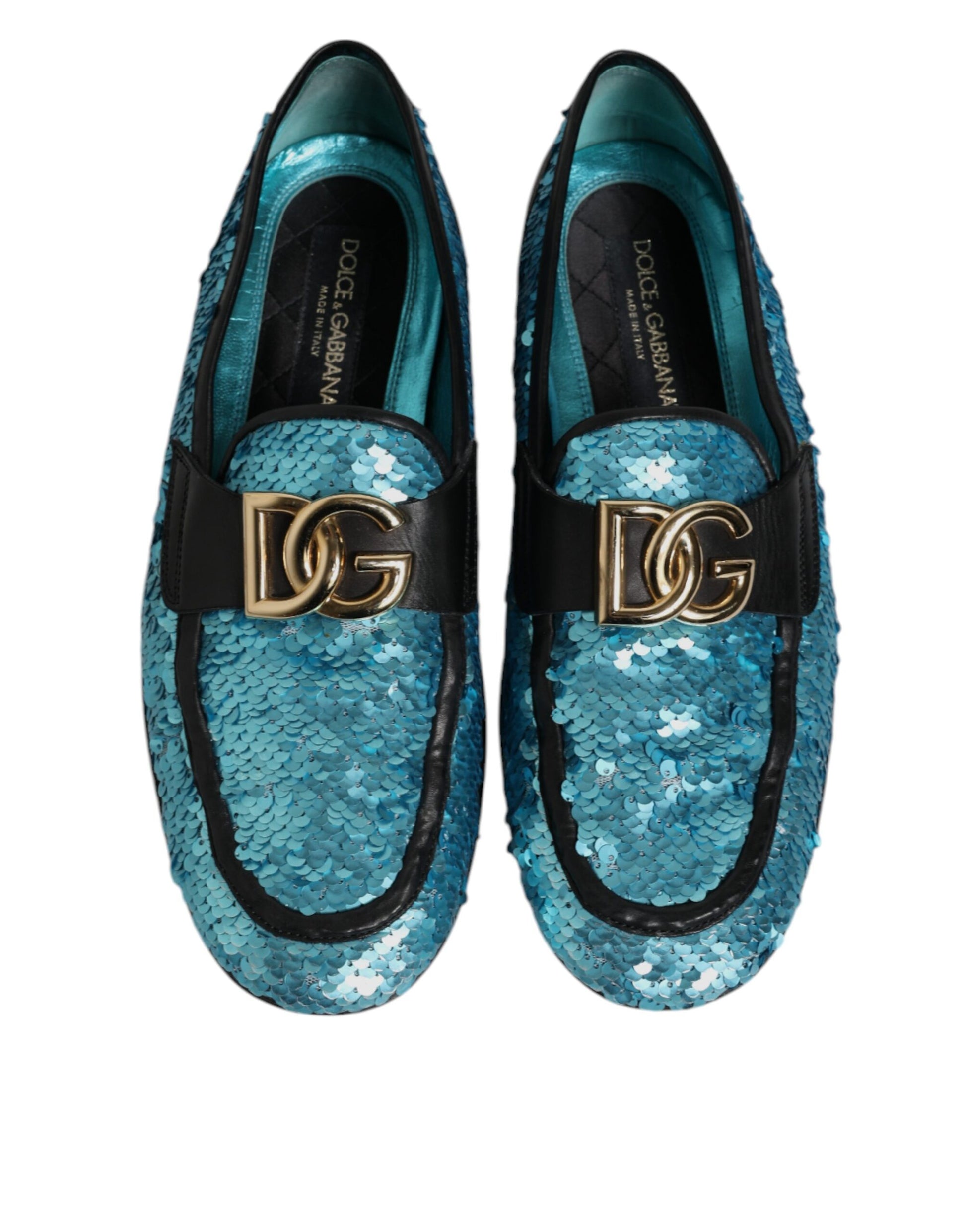 Pair of blue sequined loafers with gold buckle, formal dress shoes