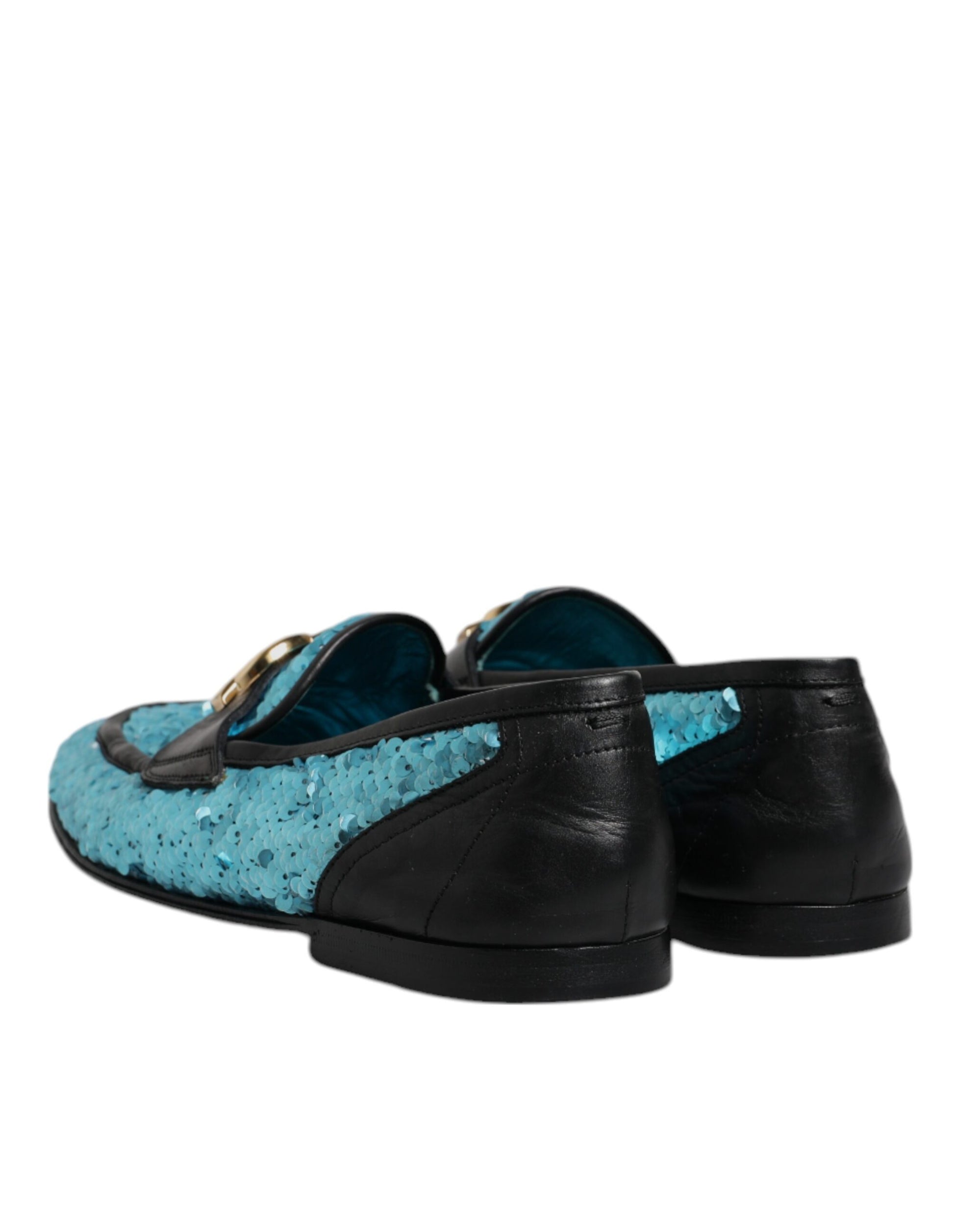 Pair of blue sequined loafers with black soles, designed by Dolce & Gabbana