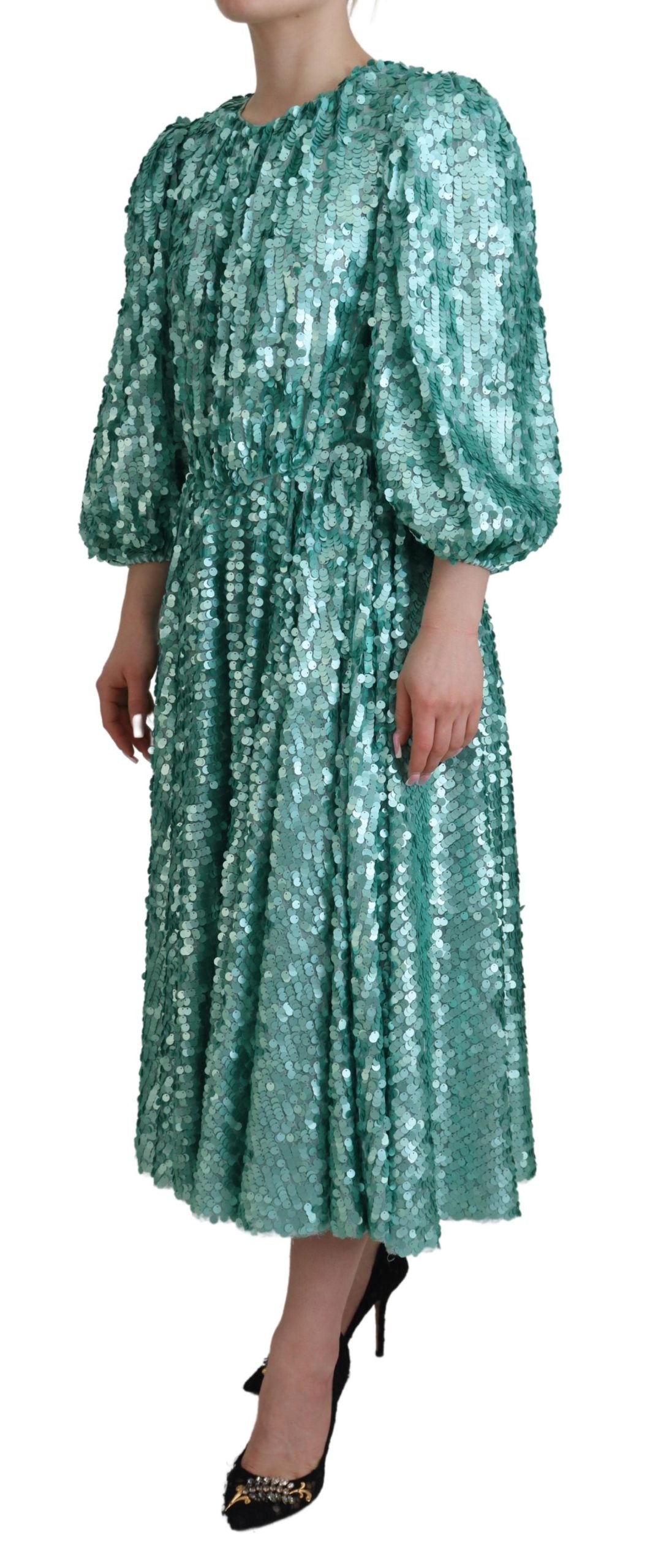 A blue sequined pleated aline midi nylon dress from Dolce & Gabbana
