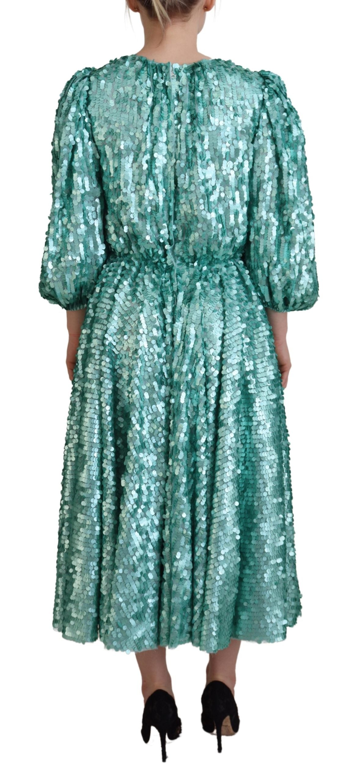 A blue sequined pleated aline midi nylon dress from Dolce & Gabbana