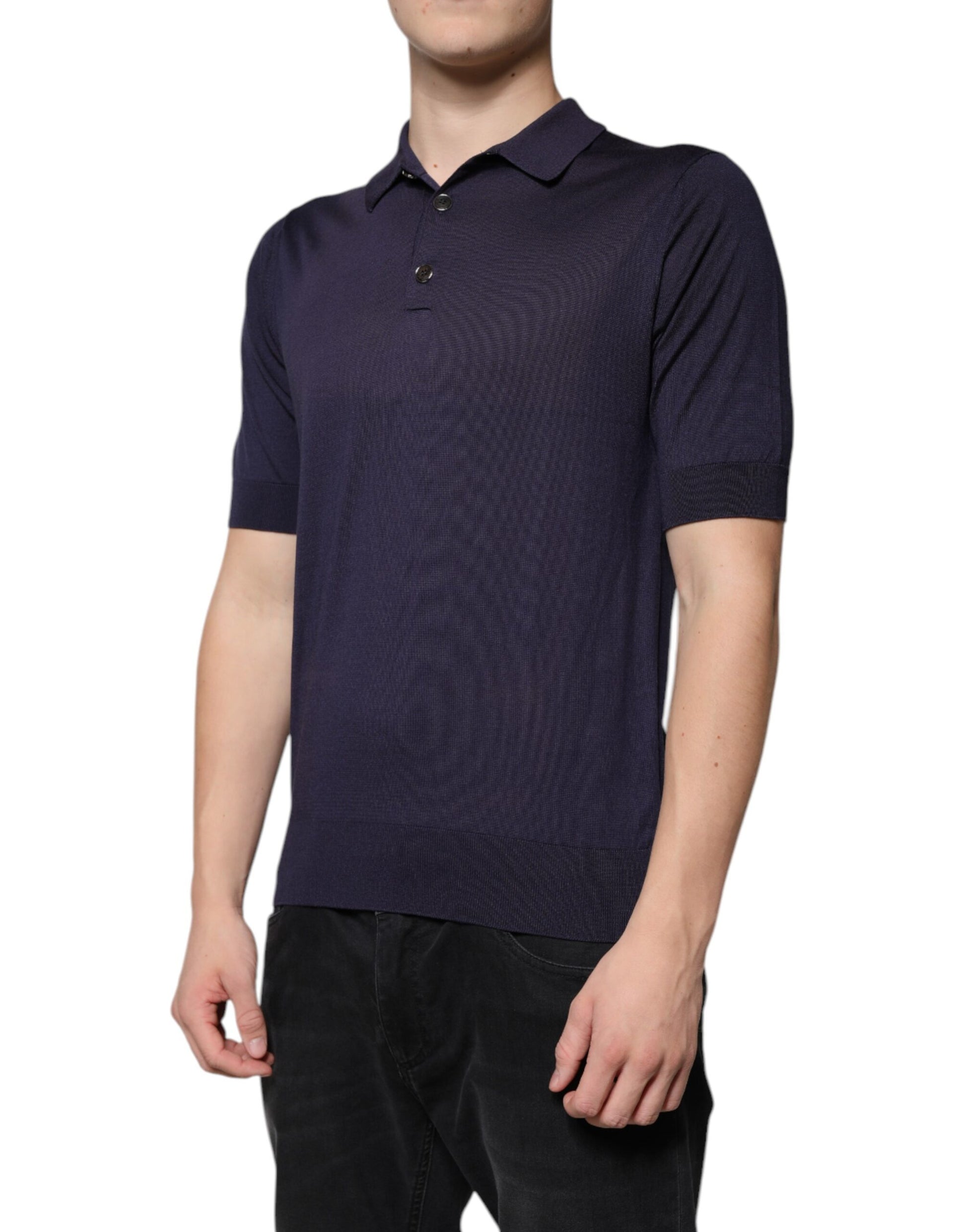 Man wearing dark polo shirt