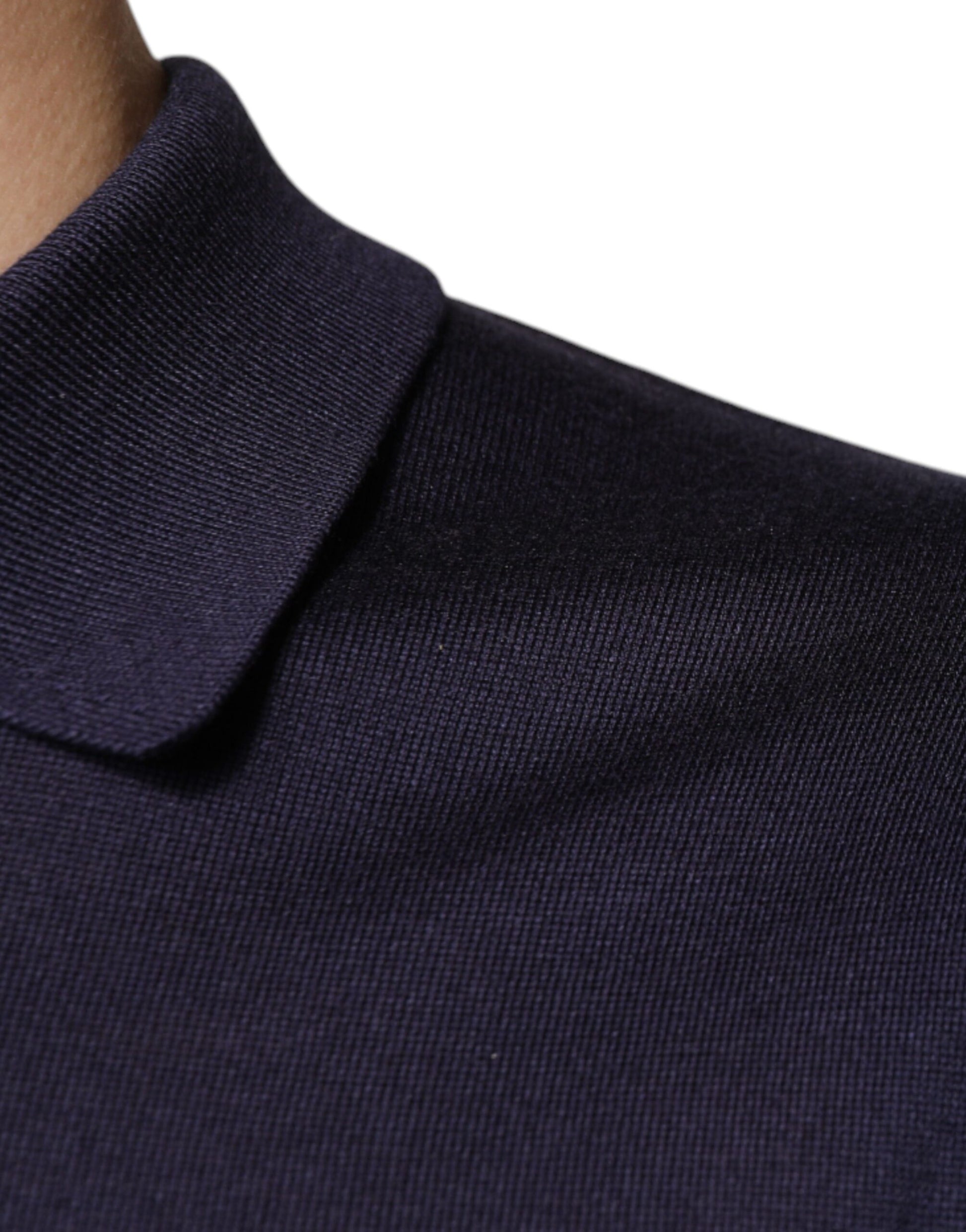 Navy blue collared shirt with ribbed neckline