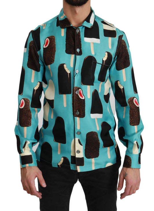 Man wearing a long sleeve shirt with ice cream cone pattern