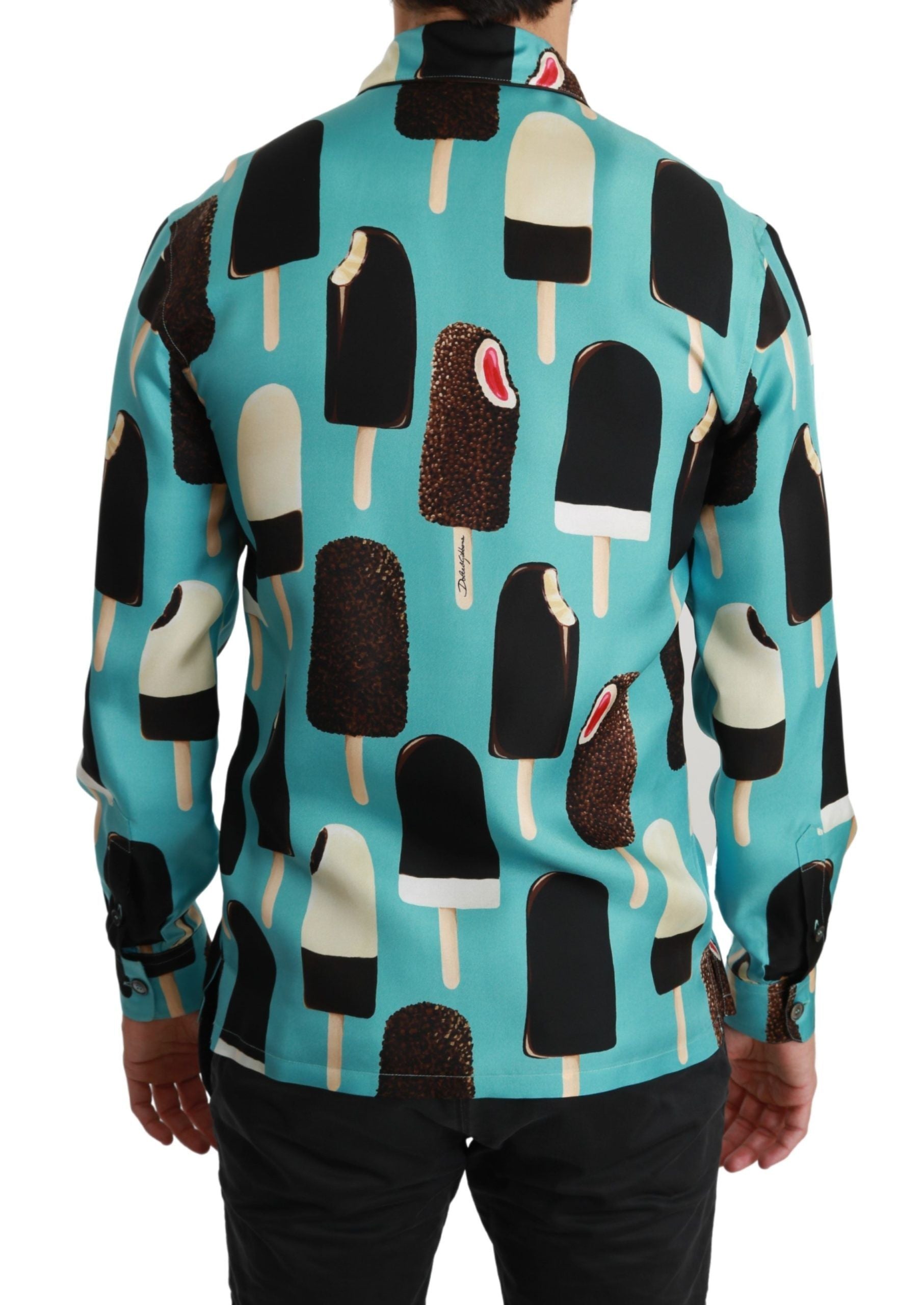 The back of a man's shirt featuring an ice cream cone pattern