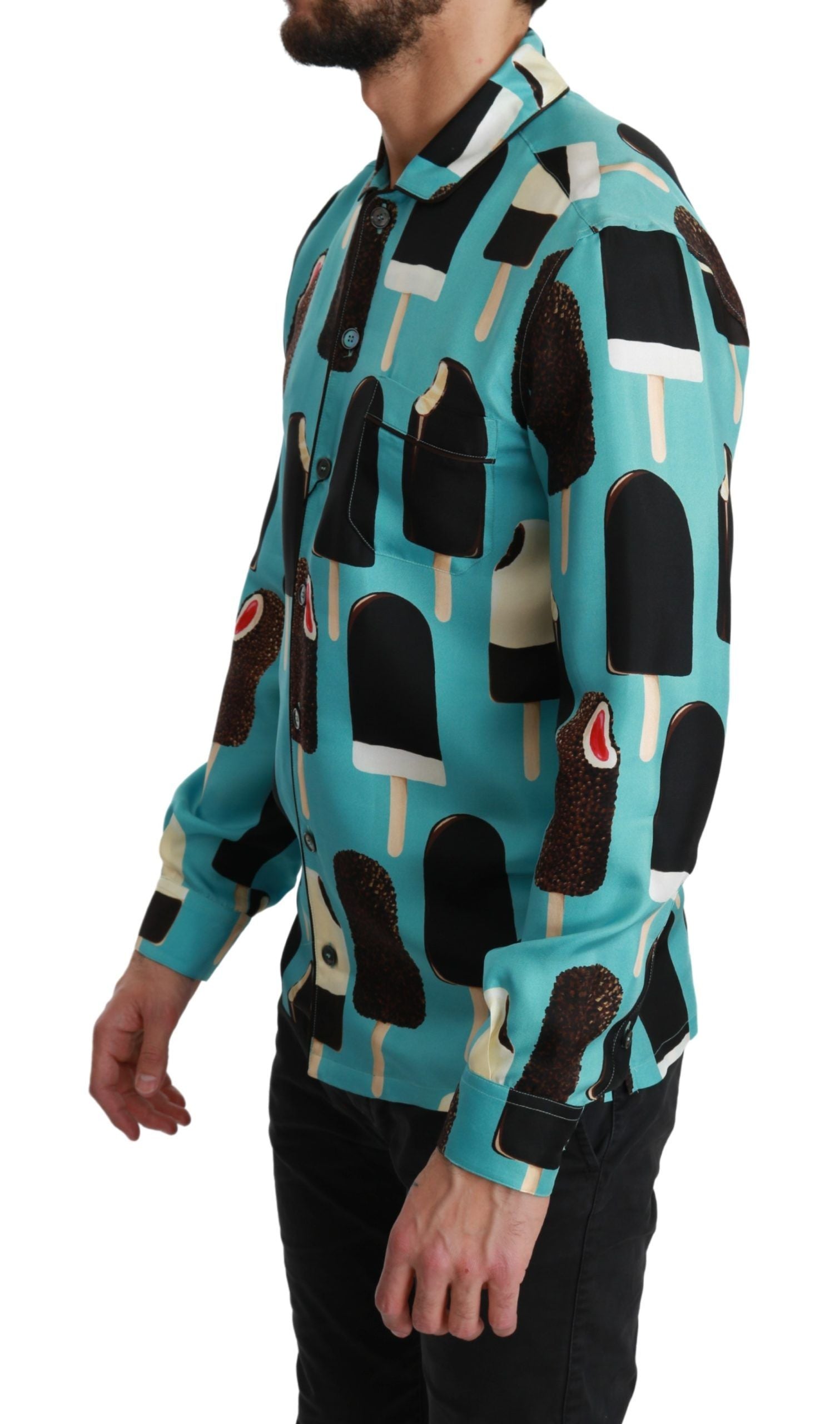 Man wearing a colorful sweater with ice cream cones on it