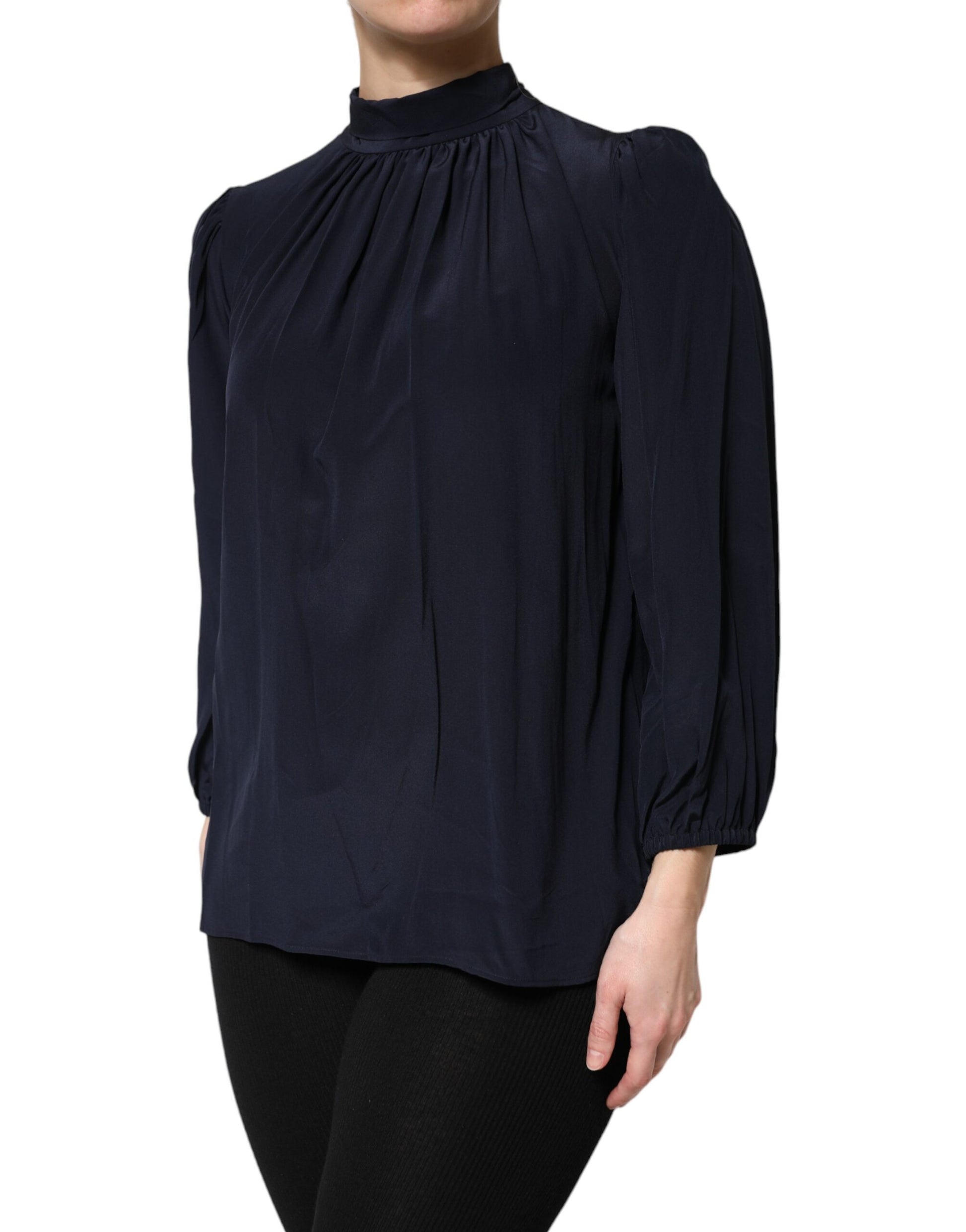 Long sleeve navy blue blouse with ruffled shoulders