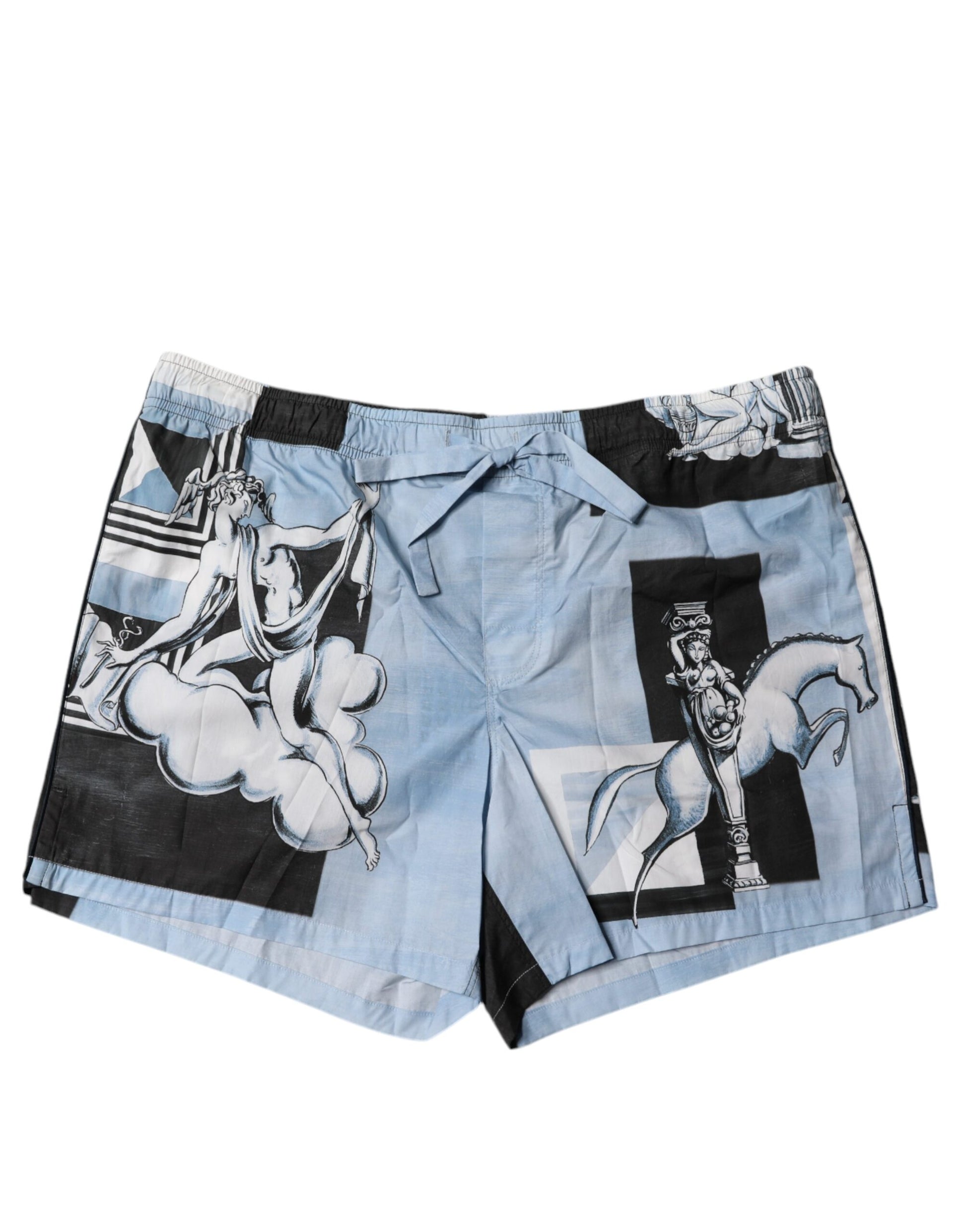 A pair of men's shorts with a blue statue print on them