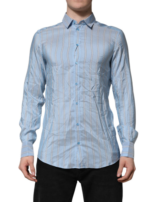 A long sleeved dress shirt with blue and white stripes, designed by Dolce & Gabbana