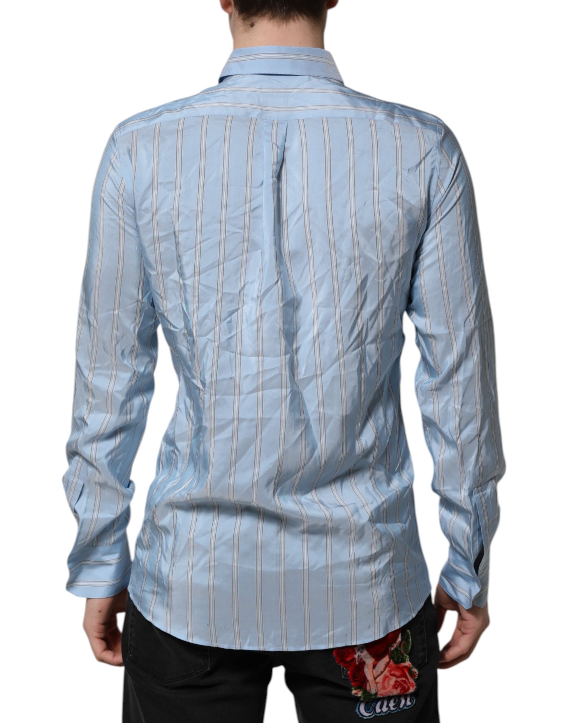 A long sleeved dress shirt with blue and white stripes