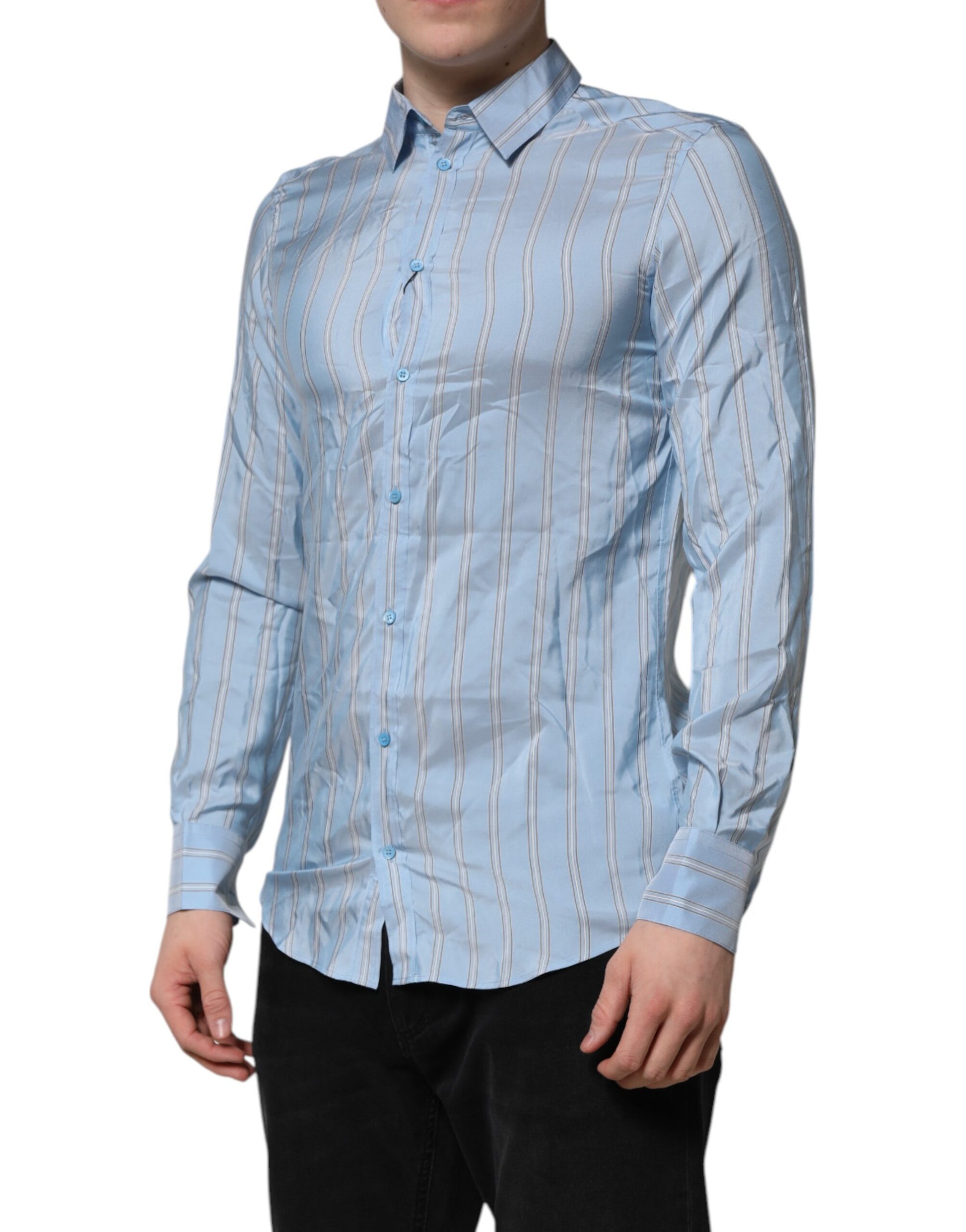 A long sleeve dress shirt with blue stripes