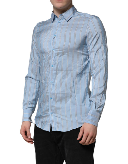 A long sleeve dress shirt with blue and white stripes