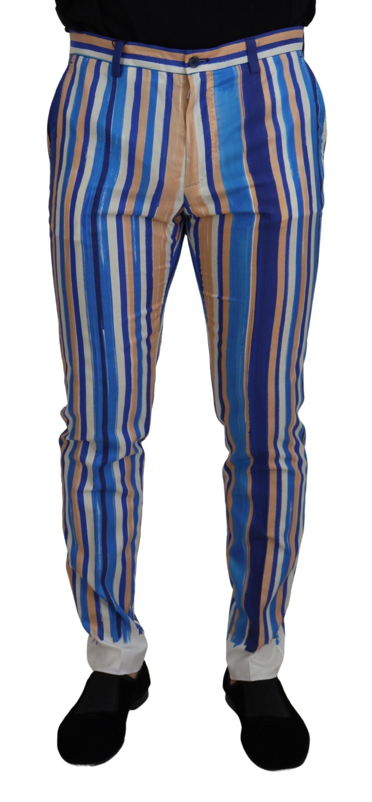 Pair of striped pants in blue, yellow, and red colors