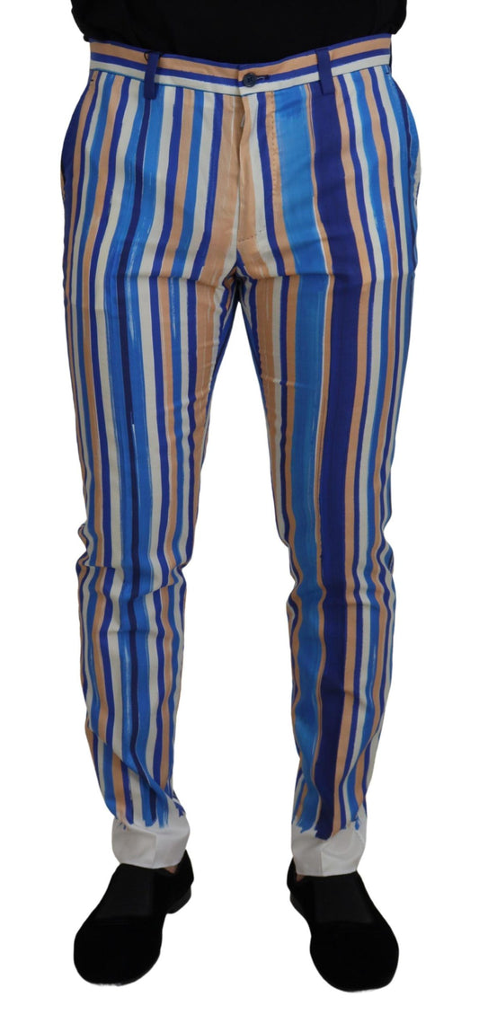 Pair of striped pants in blue, yellow, and red colors