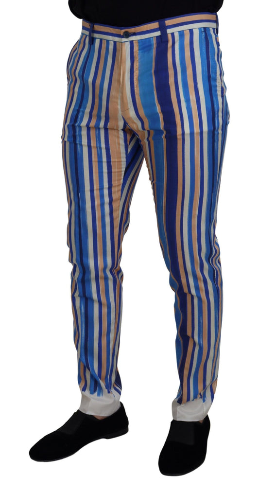 Pair of striped pants in blue, yellow, and red colors