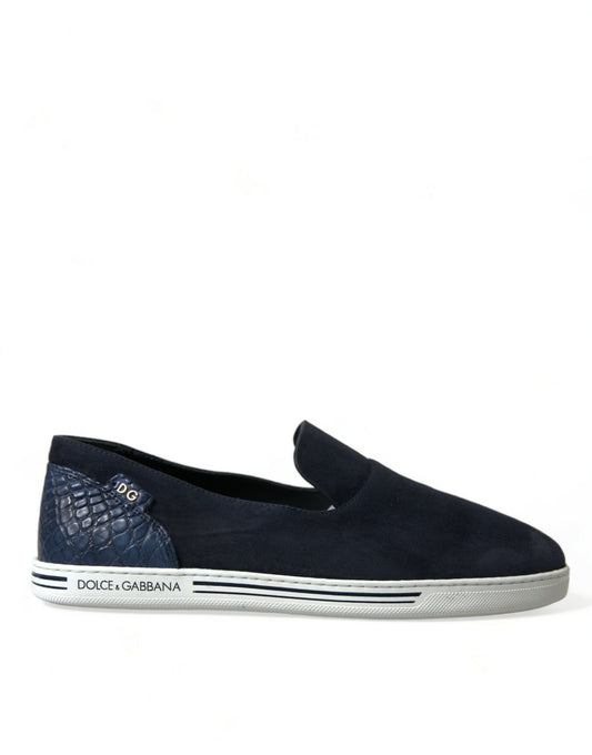 Blue loafer shoes with white stripe and logo on side