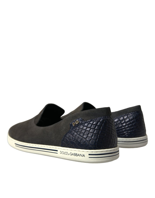 Pair of sneakers with a crocodile skin texture on the side and a logo on the tongue