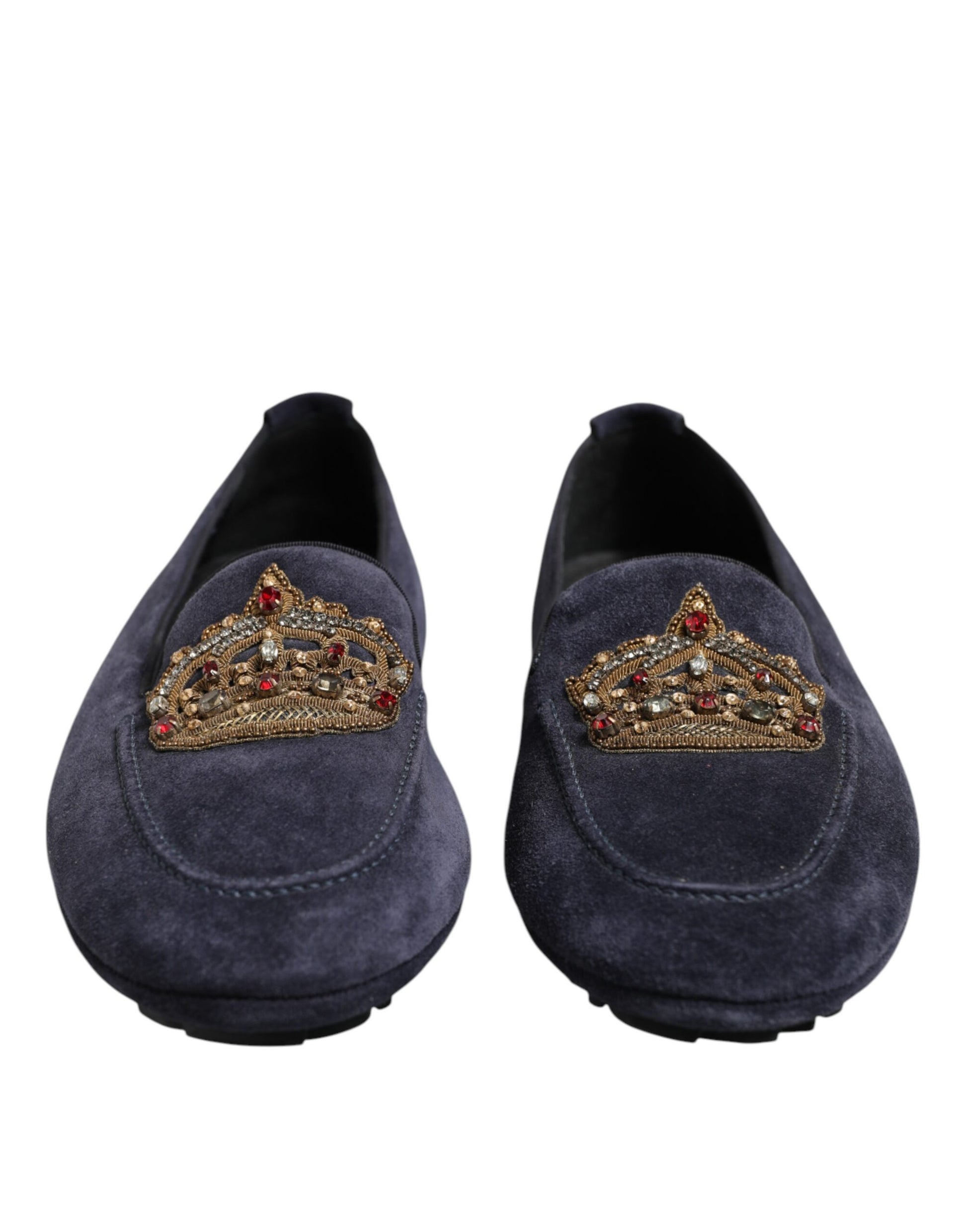 Pair of blue suede loafers with crystal crown embellishment on top