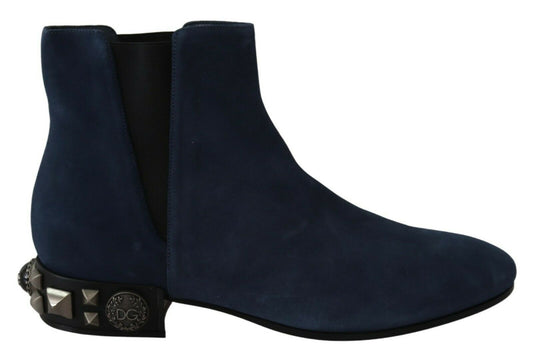 Blue suede ankle boots with silver buckles and studs