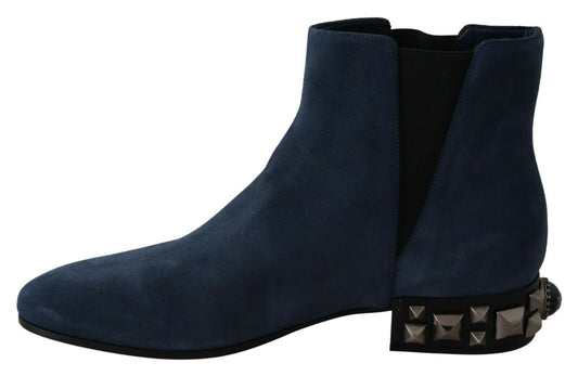 Pair of blue suede boots with zipper detail and spiked heel