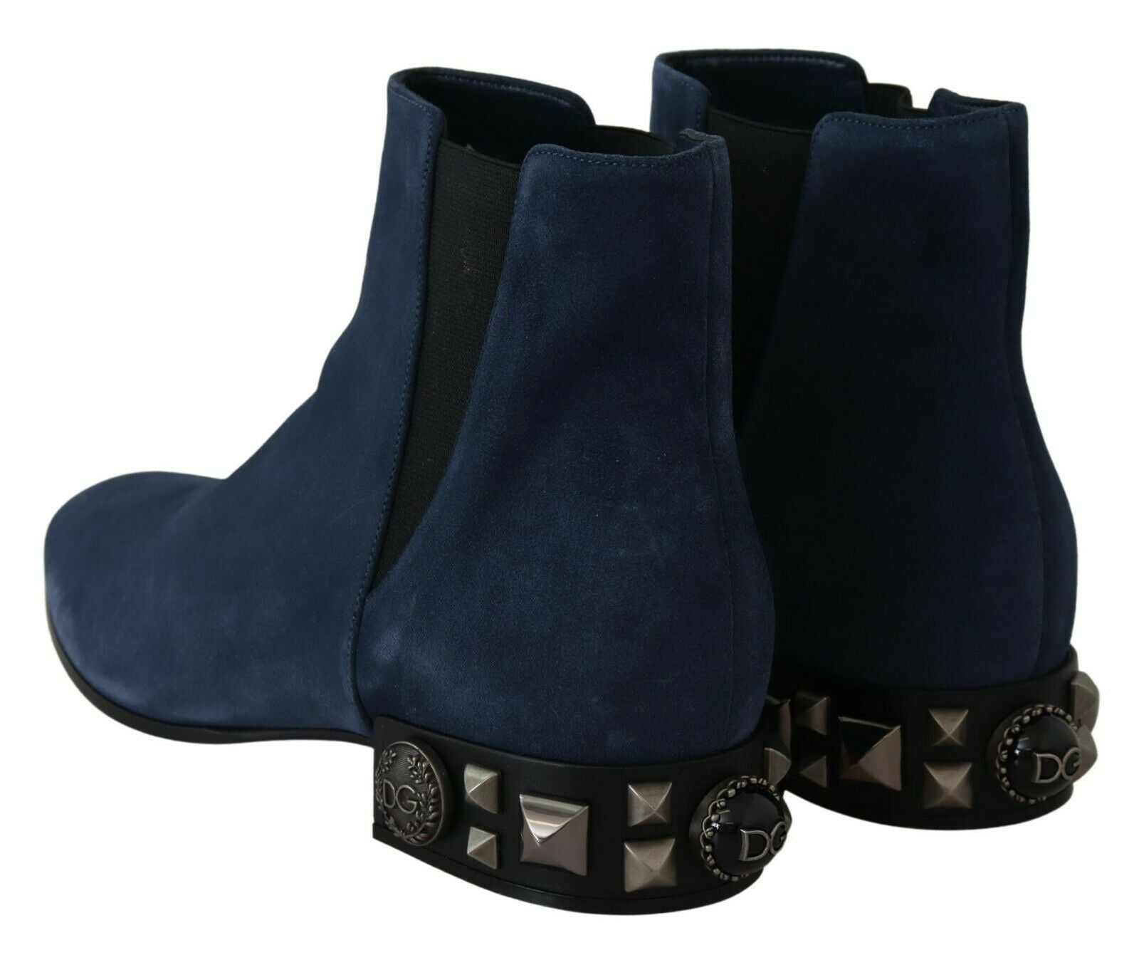 Pair of blue suede boots with silver studs and buckles